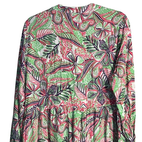 Stella Parker Collection Floral Tiered Tassel Dress Pink Green Navy Rayon Size L - Picture 4 of 6